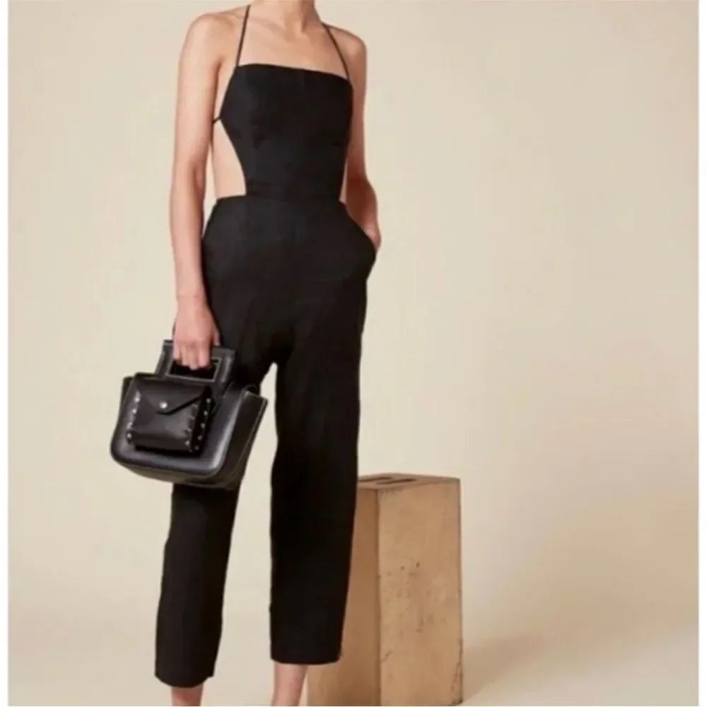 Reformation Rufus Jumpsuit Black Backless Back Linen Tie Straps Pockets Crop Sz4